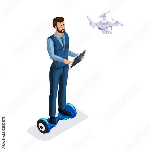 Isometric businessman with gadgets, tablet, laptop, drone, GyroScooter, vector illustration