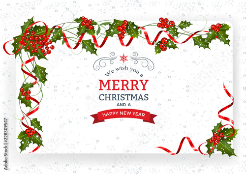 Christmas And New Year Greeting Card. Christmas background with decoration and paper. Decorative Christmas festive background with berry and ribbons.