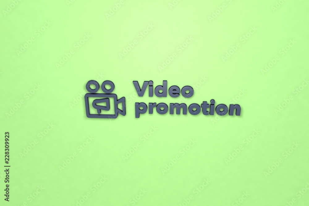 3D illustration of Video promotion, blue color and blue text with green background. 3D illustration of Video promotion, blue color and blue text with green background.