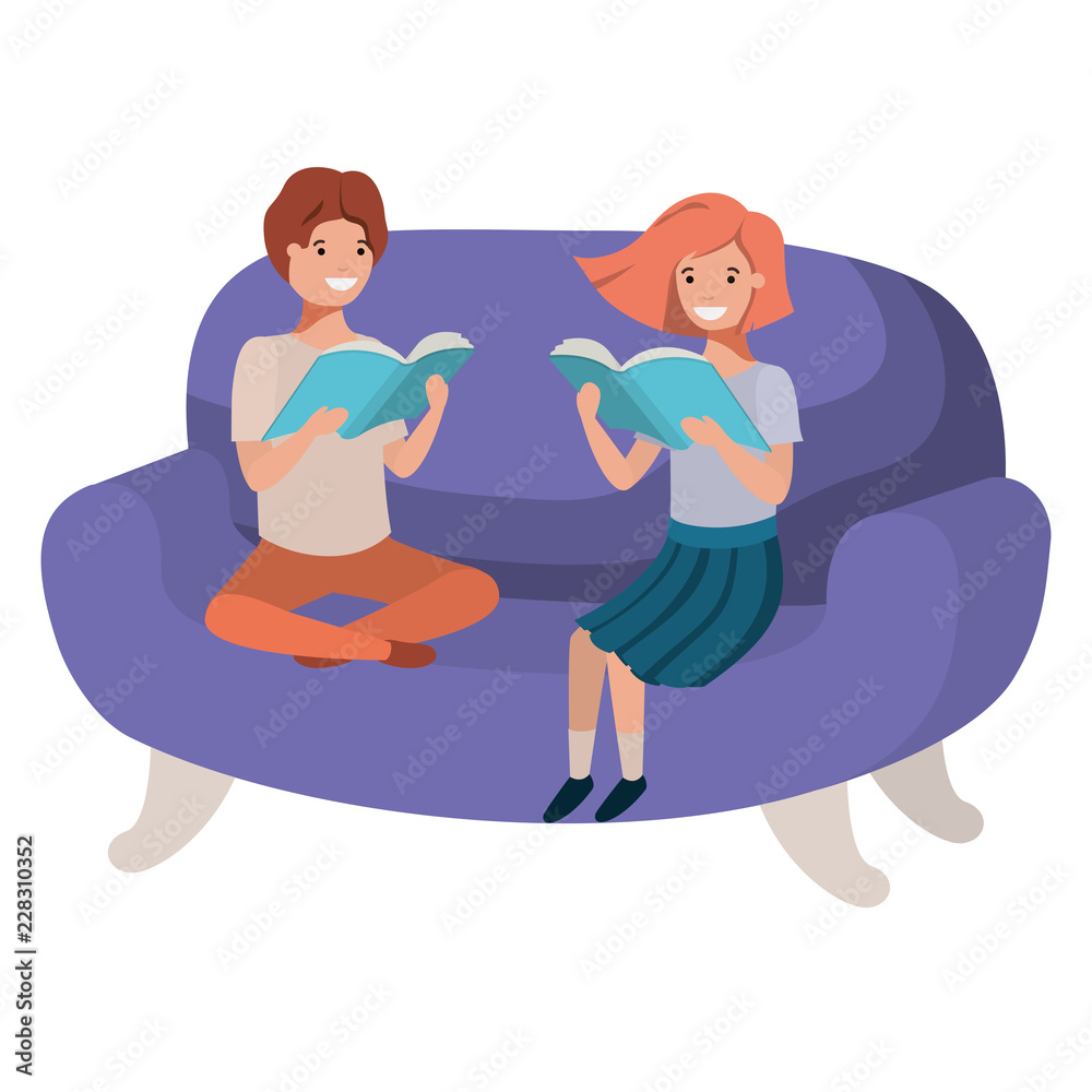 couple of children sitting in sofa with book avatar character couple of children sitting in sofa with book avatar character