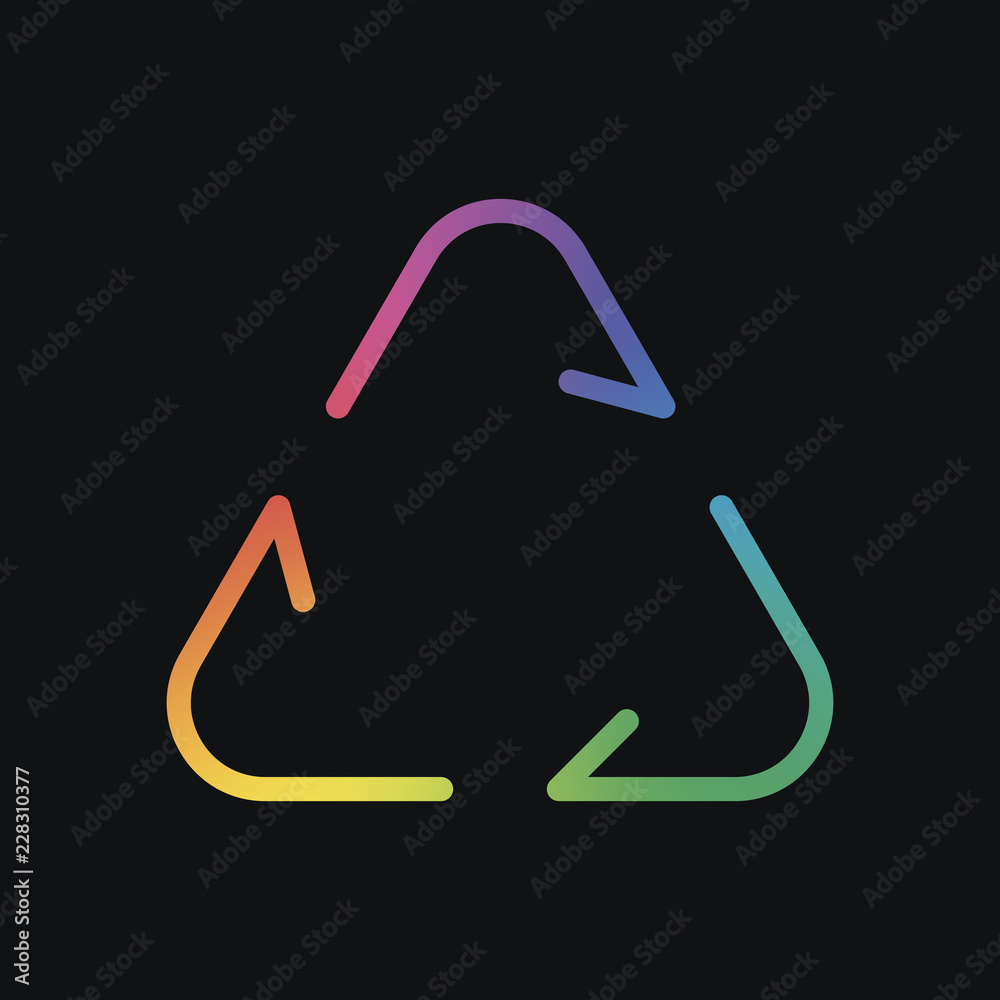 Recycle or reuse icon. Thin arrows, linear style. Rainbow color and dark background Recycle or reuse icon. Thin arrows, linear style. Rainbow color and dark background
