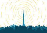 Radio transmitter. Tower with tv signal transmitter. City with buildings and skyscrapers on background. Flat style line vector illustration. Business city center with modern houses an radio tower. 