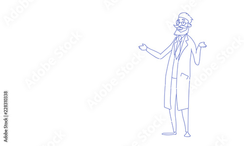 Medical doctor senior man practitioner pharmacist uniform sketch doodle horizontal full length vector illustration