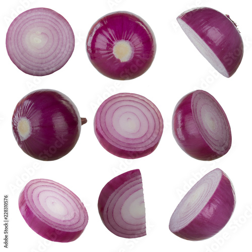 set of slices of red onion isolated on white background