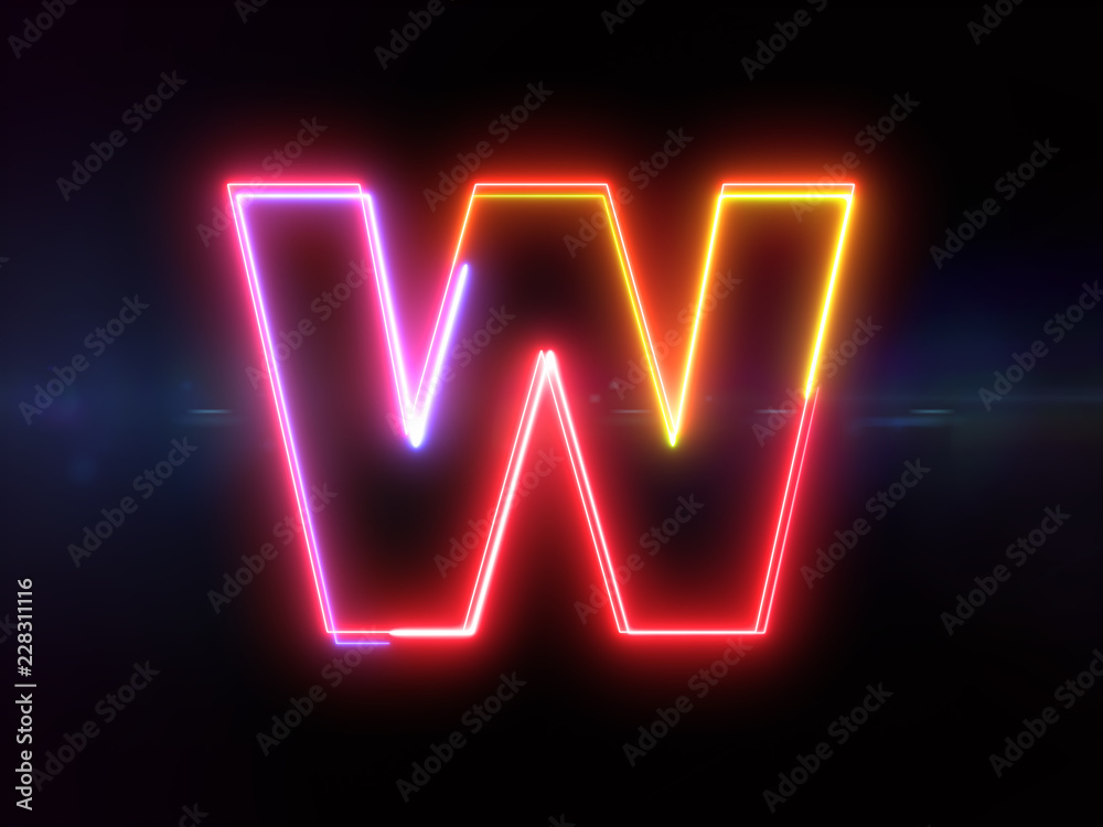 Letter W - colorful glowing outline alphabet symbol on blue lens flare dark background Letter W - colorful glowing outline alphabet symbol on blue lens flare dark background