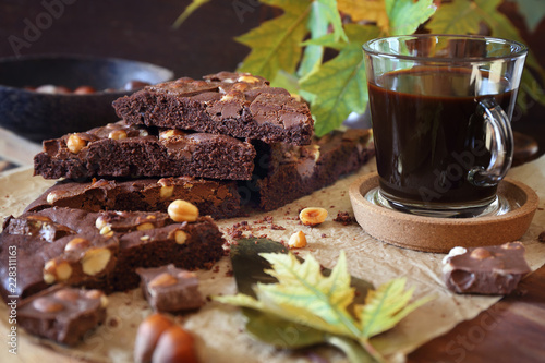 Autumn mood. Kladdkaka, Swedish chocolate cake and cup of coffee photo