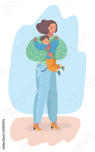 Mother give a hug to her son.