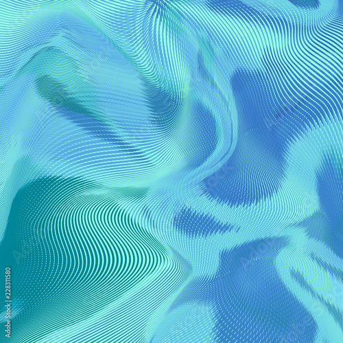 Vector warped lines blue background. Modern abstract creative backdrop with multicolor variable width stripes. Twisted stripes optical illusion. Moire waves.
