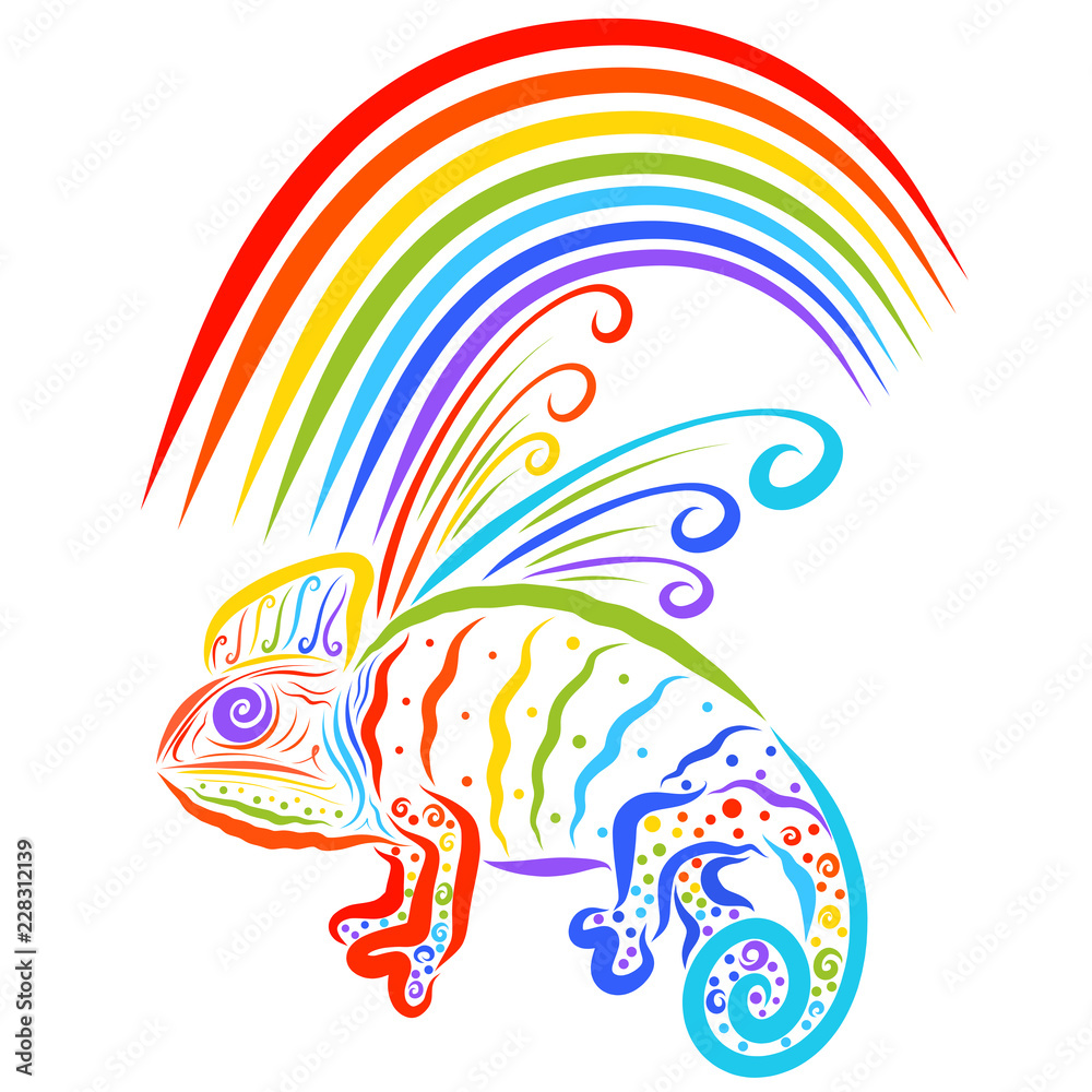 Winged unusual chameleon sitting under a rainbow, fairy dragon Winged unusual chameleon sitting under a rainbow, fairy dragon
