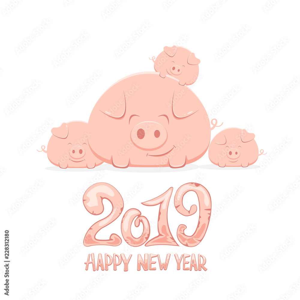 Family of Happy Pigs and Happy New Year Family of Happy Pigs and Happy New Year