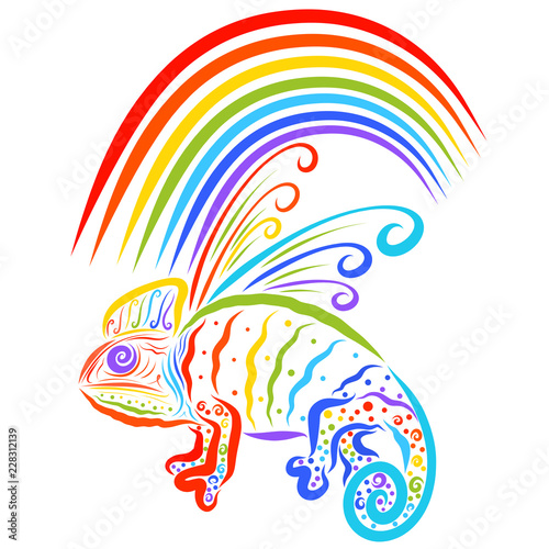 Winged unusual chameleon sitting under a rainbow, fairy dragon