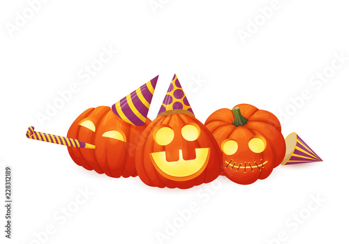 Three happy pumpkins in party hats with party blowout isolated on white background. Halloween celebration party.
