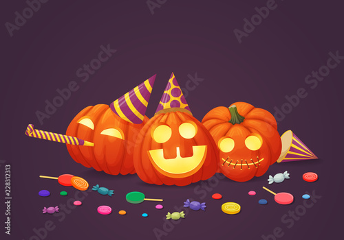 Three happy pumpkins in party hats with party blowout and sweets on a purple background. Halloween celebration party.