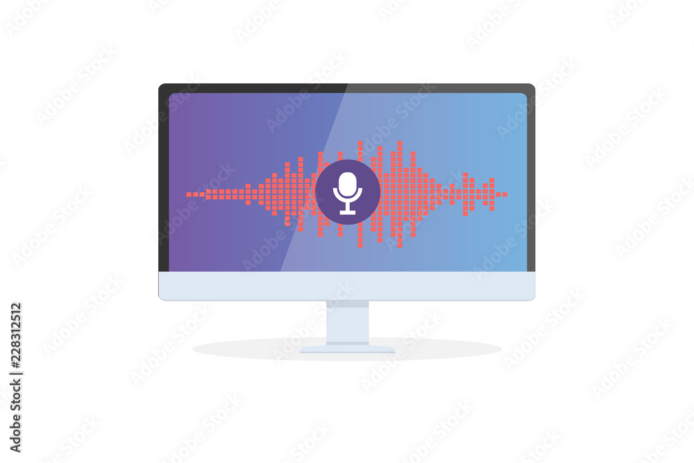 Voice recognition Personal assistant on mobile app. Concept flat vector illustration of device with microphone icon on screen and voice and sound imitation lines. Voice recognition Personal assistant on mobile app. Concept flat vector illustration of device with microphone icon on screen and voice and sound imitation lines.
