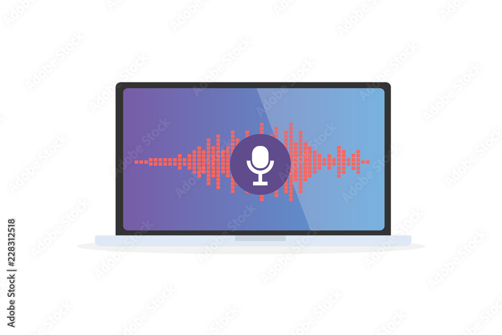 Voice recognition Personal assistant on mobile app. Concept flat vector illustration of device with microphone icon on screen and voice and sound imitation lines. Voice recognition Personal assistant on mobile app. Concept flat vector illustration of device with microphone icon on screen and voice and sound imitation lines.