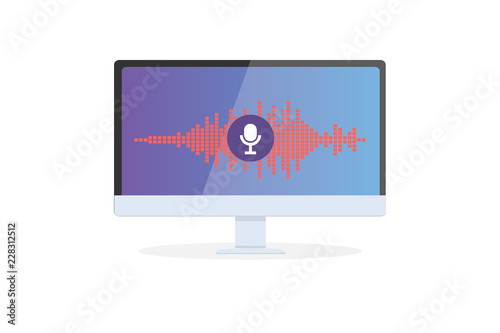 Voice recognition Personal assistant on mobile app. Concept flat vector illustration of device with microphone icon on screen and voice and sound imitation lines.