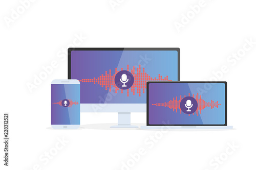 Voice recognition Personal assistant on mobile app. Concept flat vector illustration of device with microphone icon on screen and voice and sound imitation lines.