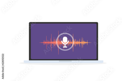 Voice recognition Personal assistant on mobile app. Concept flat vector illustration of device with microphone icon on screen and voice and sound imitation lines.