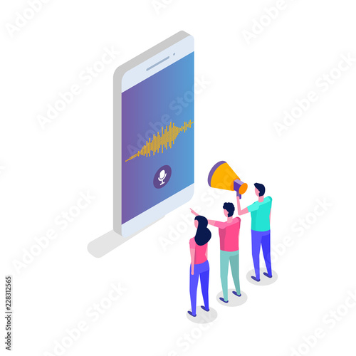 Voice messages, Voice recognition isometric concept with character. Can use for web banner, landing page template, infographics.