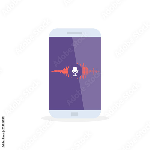 Voice recognition Personal assistant on mobile app. Concept flat vector illustration of device with microphone icon on screen and voice and sound imitation lines.