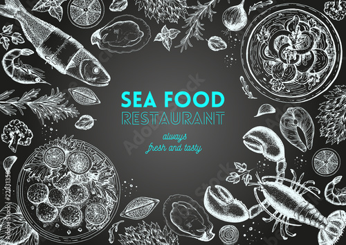 Vintage seafood frame vector illustration. Hand drawn with ink. Cooked seafood dish on the table top view. Hand drawn lobster, perch, oysters and shrimps. Engraved style image