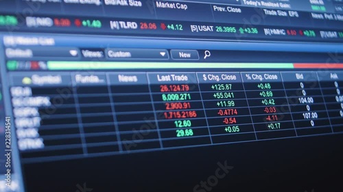 Stock market ticker symbol data flies across computer screen screen timelapse