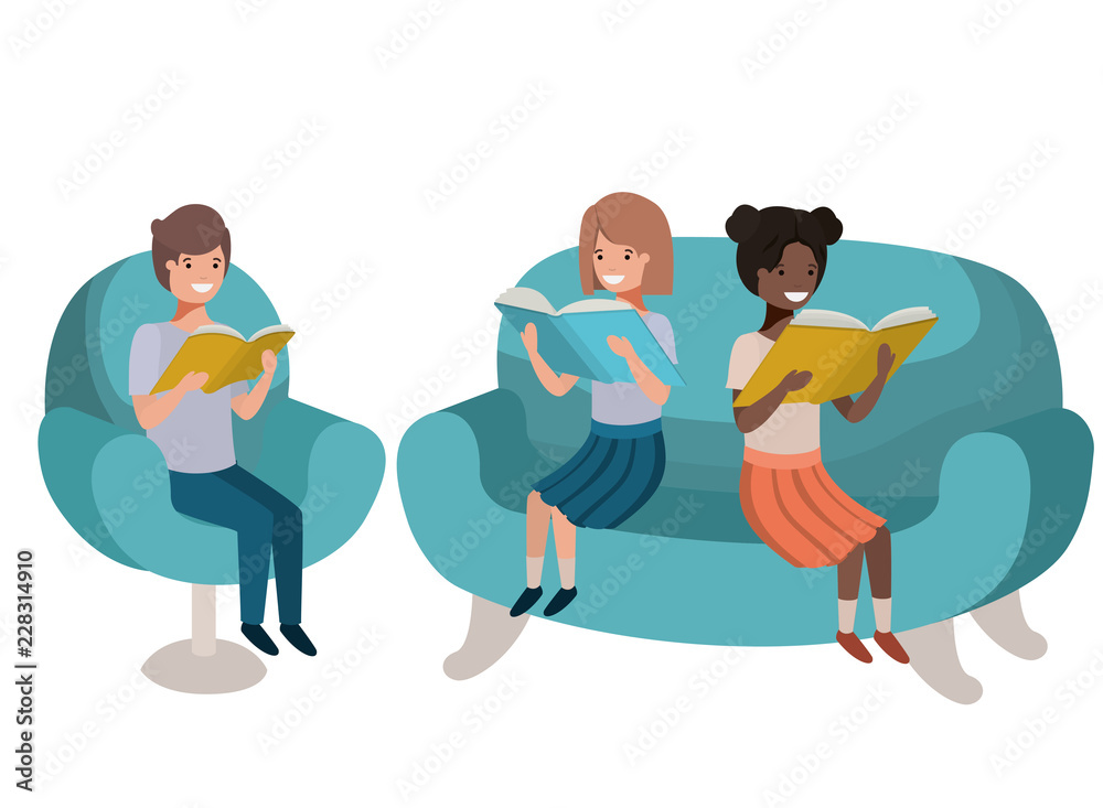 group of people sitting in sofa with book avatar character group of people sitting in sofa with book avatar character