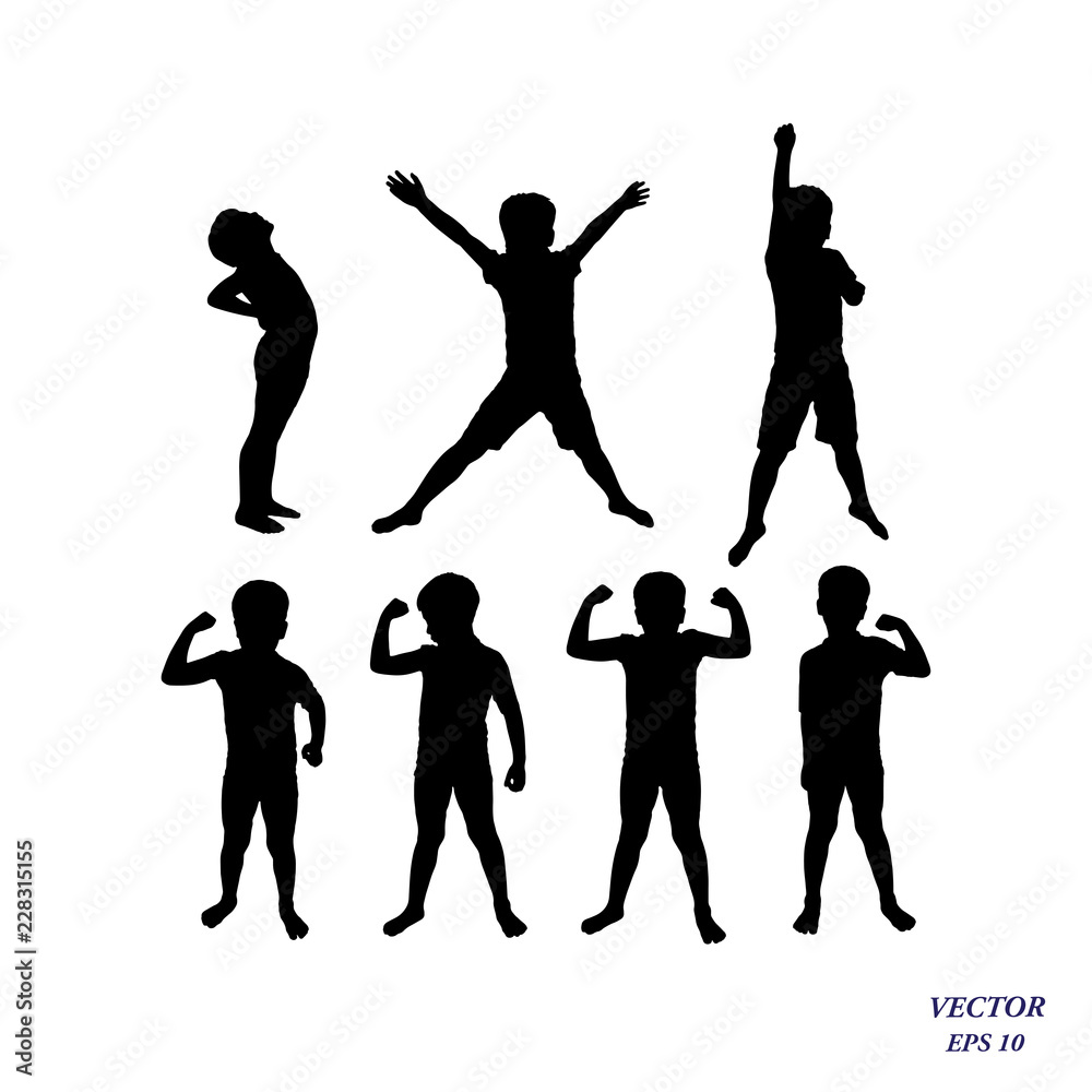 Vector silhouette of confident boy athlete showing muscles, strength concept.