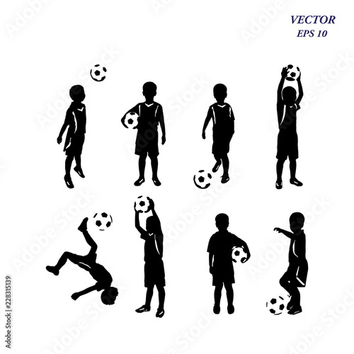 Set of child playing football. Isolated on white background.