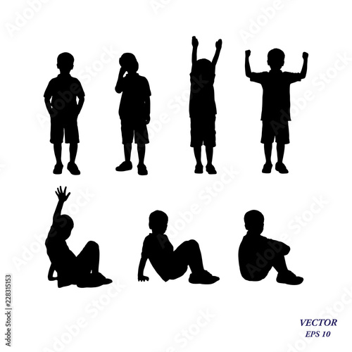 Vector silhouette of boy standing and siting in different poses.