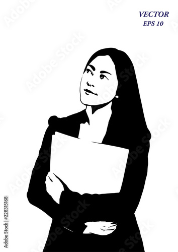 Vector silhouette of successful asian woman looking confident thoughtful. Businesswoman holding document folder and looking up, isolated on white background. EPS10