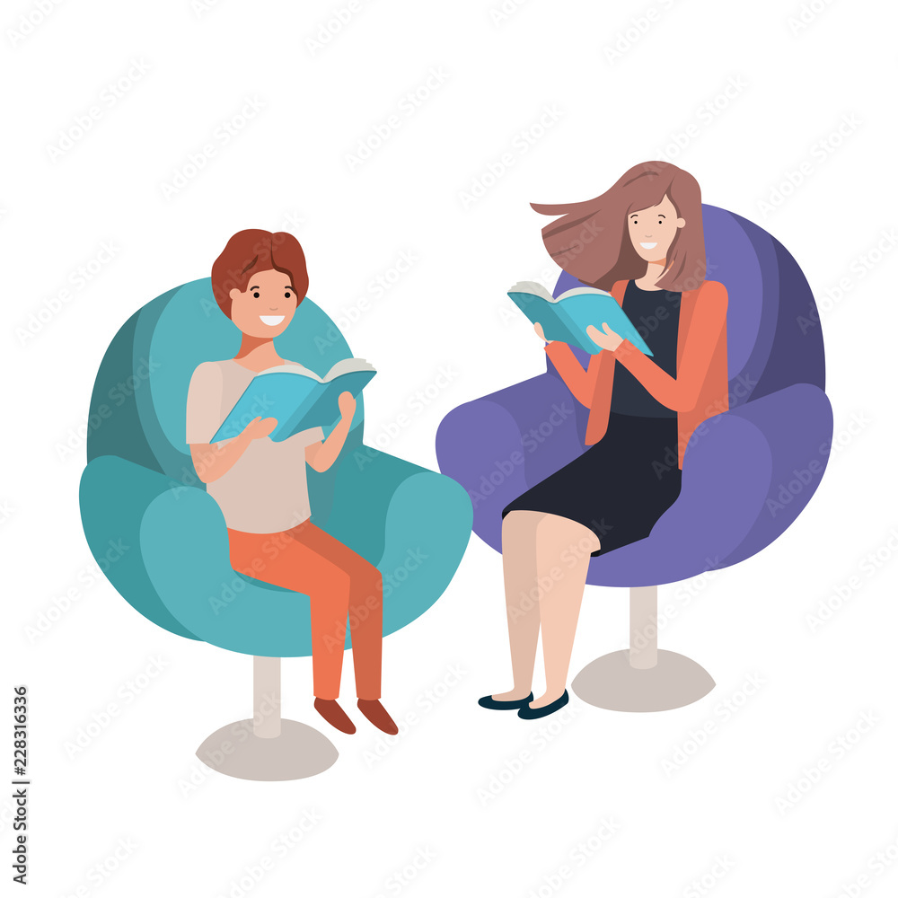 mother and son sitting on sofa with book avatar character