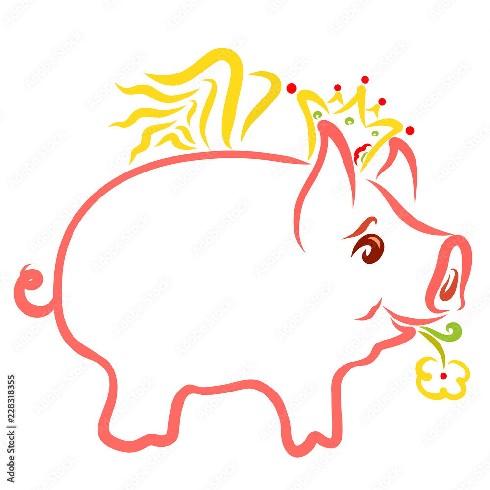 Fototapeta premium Poached pig in a crown with a flower in his mouth, a romantic prince