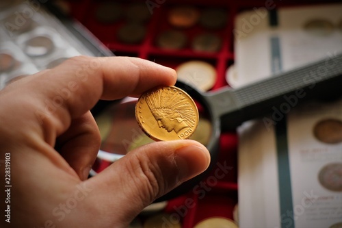 Numismatic at work shows some gold coins. Accessories are visible in the background.