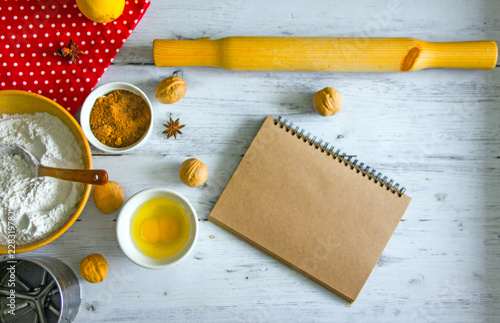 Christmas culinary background - herringbone cookies, ingredients, accessories for baking. There is a place for writing text recipe