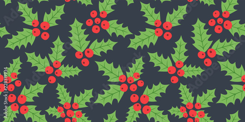 Endless Christmas Pattern. Holly Berries Background. Vector.