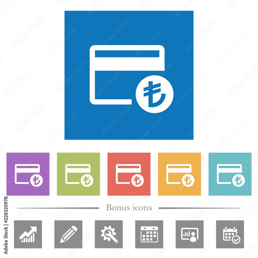 Turkish Lira credit card flat white icons in square backgrounds Turkish Lira credit card flat white icons in square backgrounds