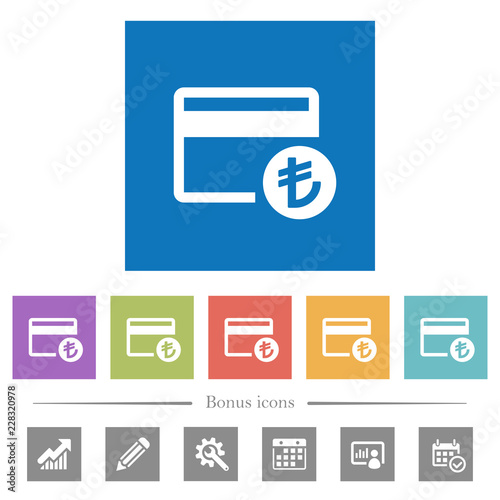 Turkish Lira credit card flat white icons in square backgrounds