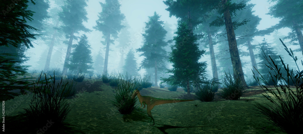 Fototapeta premium Niezwykle szczegółowe i realistyczne wysokiej rozdzielczości 3d ilustracji Compsognathus dinozaurów w lesie.