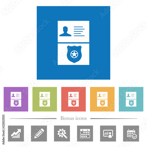 Police id and badge flat white icons in square backgrounds