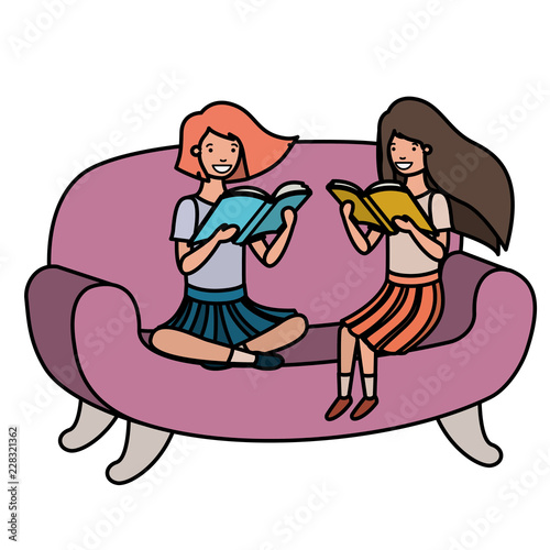 women sitting in sofa with book avatar character