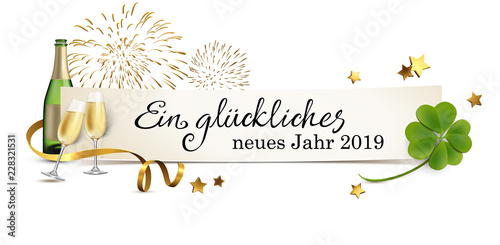 Silvester Banner mit Sekt, Kleeblatt, Feuerwerk und Sternen - Ein glückliches neues Jahr 2019
