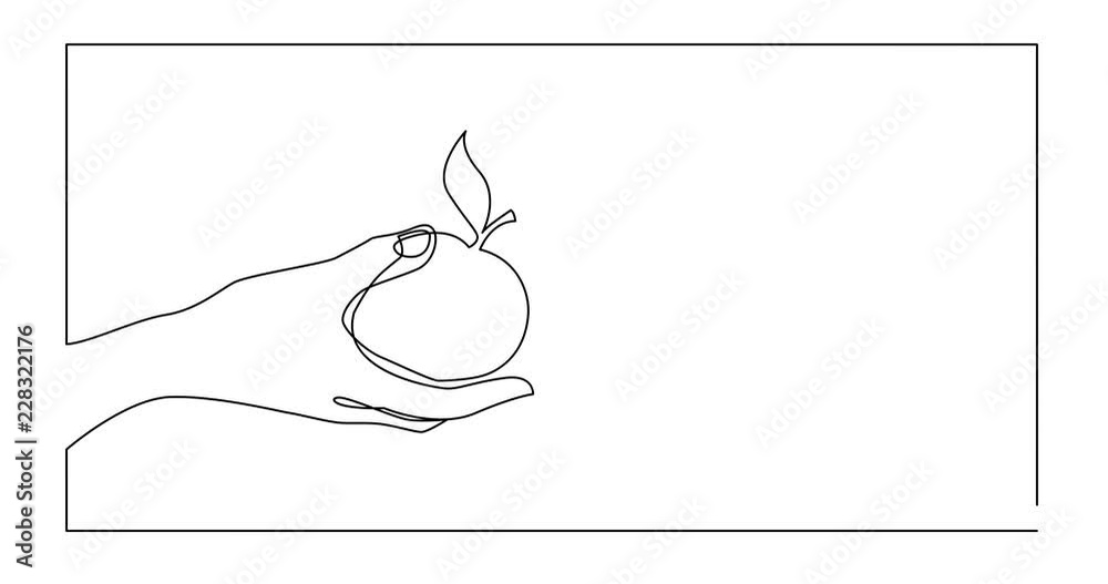 Animation of continuous line drawing of hand giving apple