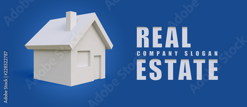 Illustration of the company logo in the form of a white simple house on a blue background.