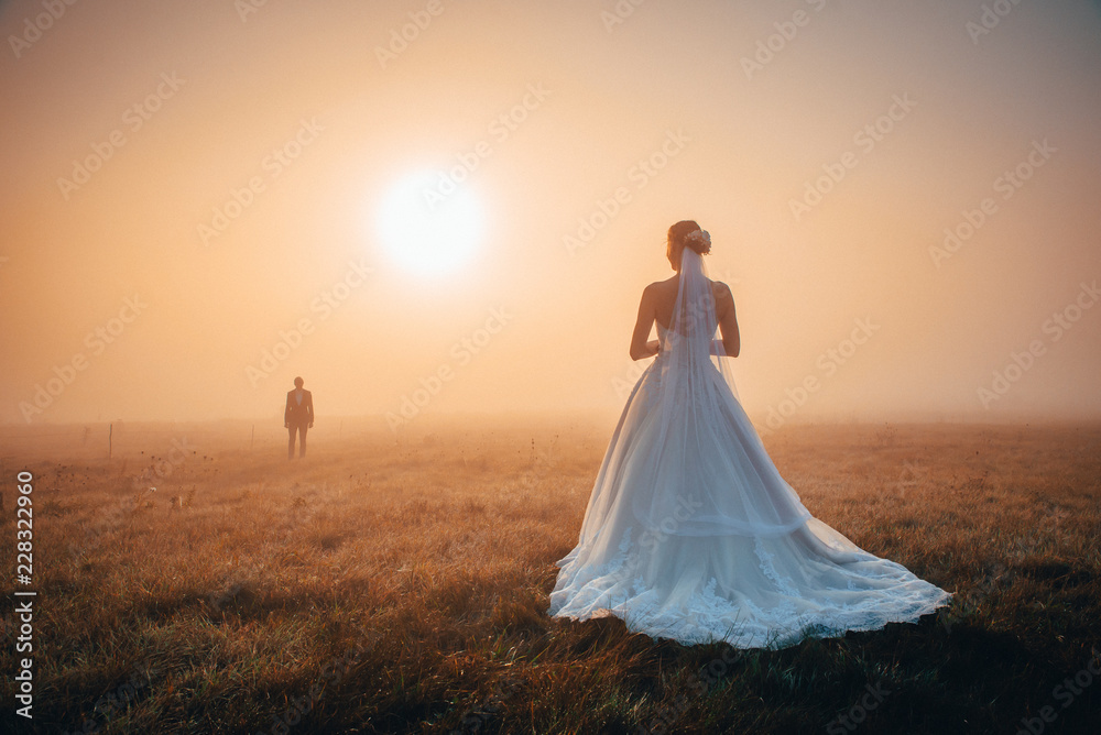 Wedding couple in autumn morning. Brdie waiting groom in orange misty sunrise light. Romantic, marriage or valentine photo. Orange edit space Wedding couple in autumn morning. Brdie waiting groom in orange misty sunrise light. Romantic, marriage or valentine photo. Orange edit space