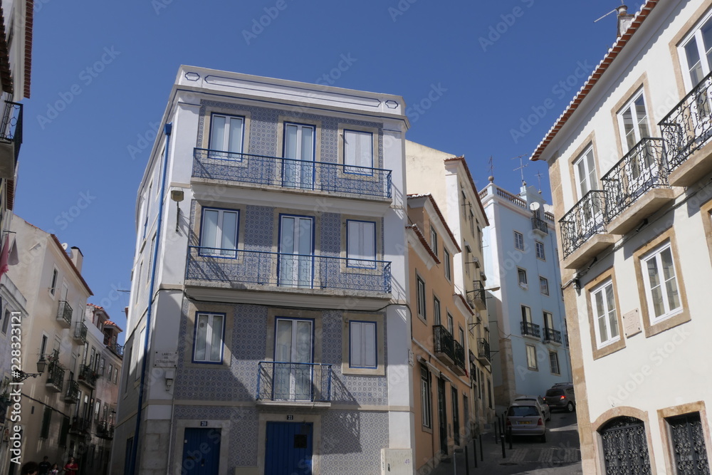 View of houses in the historic old town of Alfama in Lisbon, Portugal