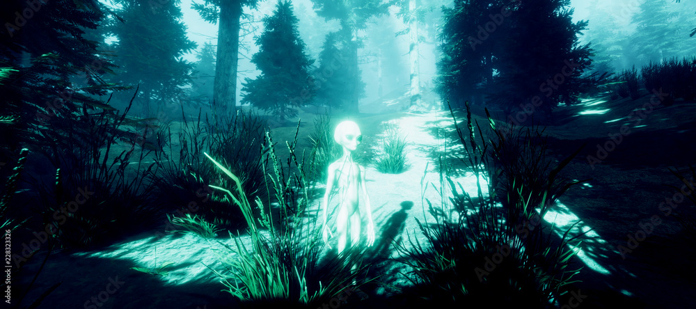 Obraz premium Extremely detailed and realistic high resolution 3d illustration of a Grey Alien standing in a forest