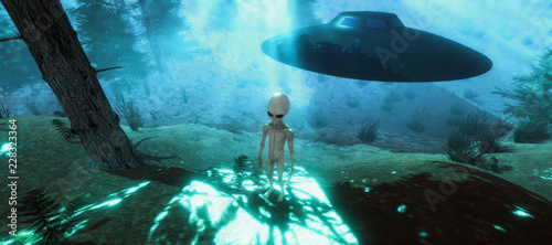 Extremely detailed and realistic high resolution 3d illustration of a Grey Alien standing in a forest