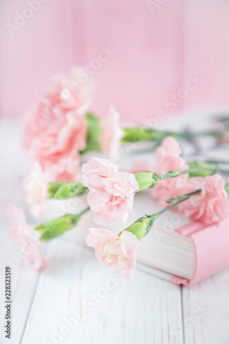 Pink carnation flowers and book on a white and pink wooden background. Free space