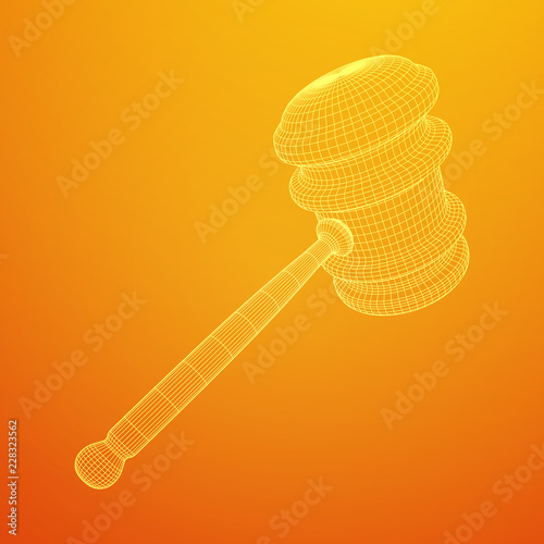 Gavel, hammer of judge or auctioneer. Wireframe low poly mesh vector illustration